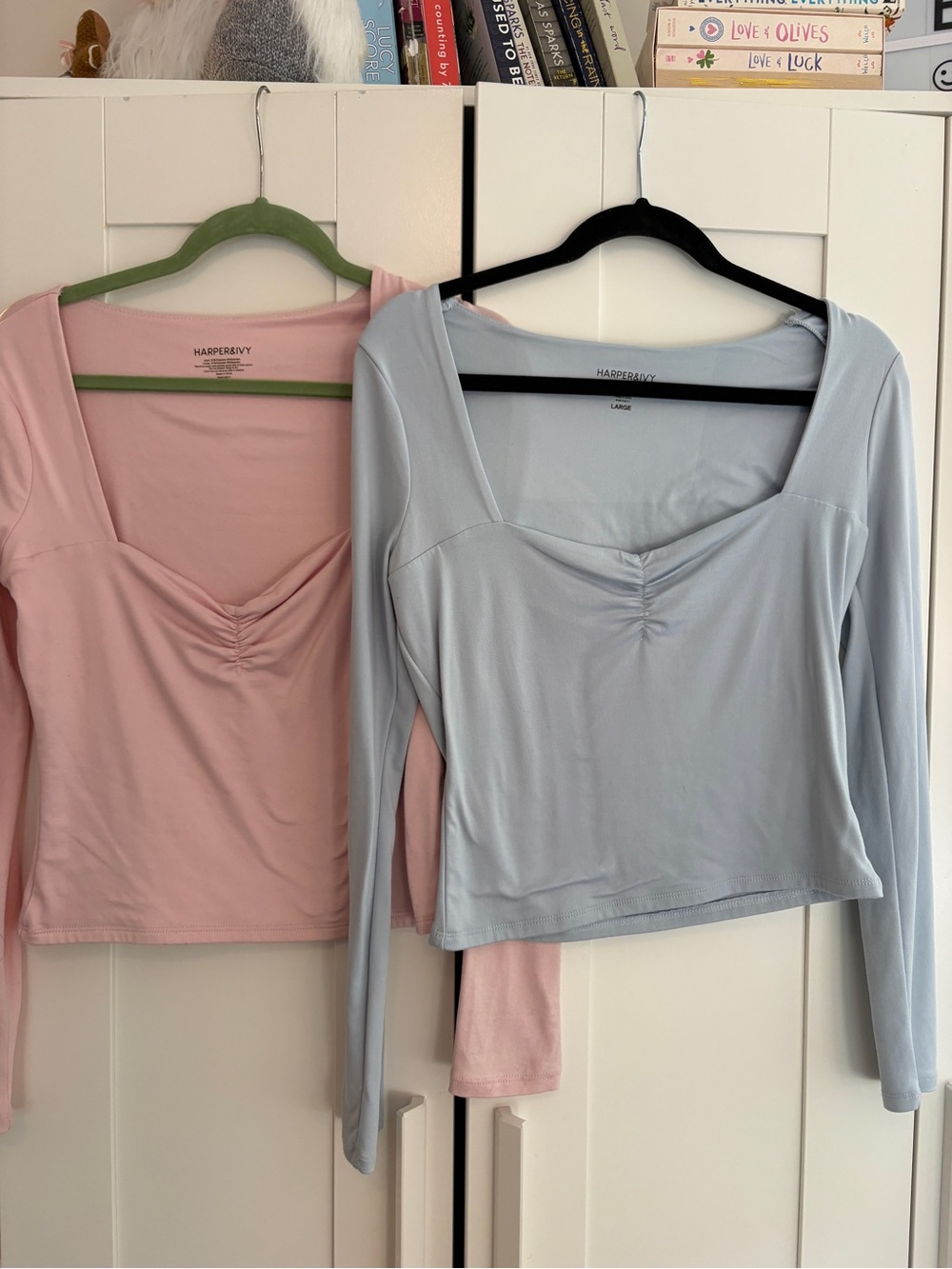 Harper Long-Sleeve Square Neck Top in Pink and Light Blue